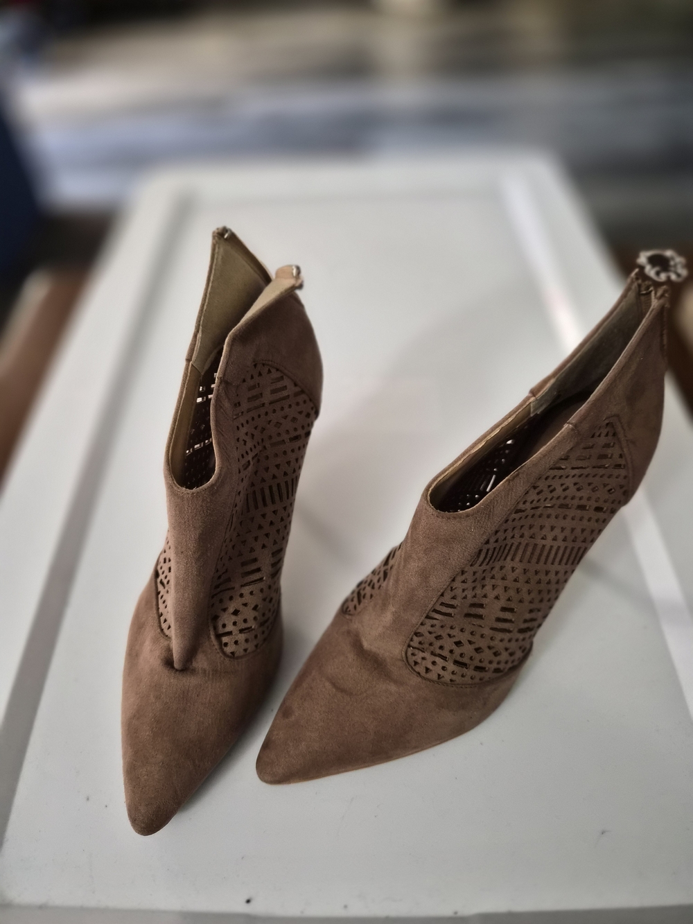 Pointed Brown Cutout Suede Ankle Booties